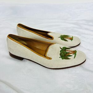 Stubbs & Wootton Womens US 8 Ivory Embroidered Palm Beach Leather Loafers Shoes